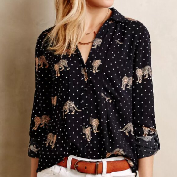 Anthropologie Maeve Casia Henley Collared Animal Dot Printed Shirt Size 4 - Picture 1 of 11